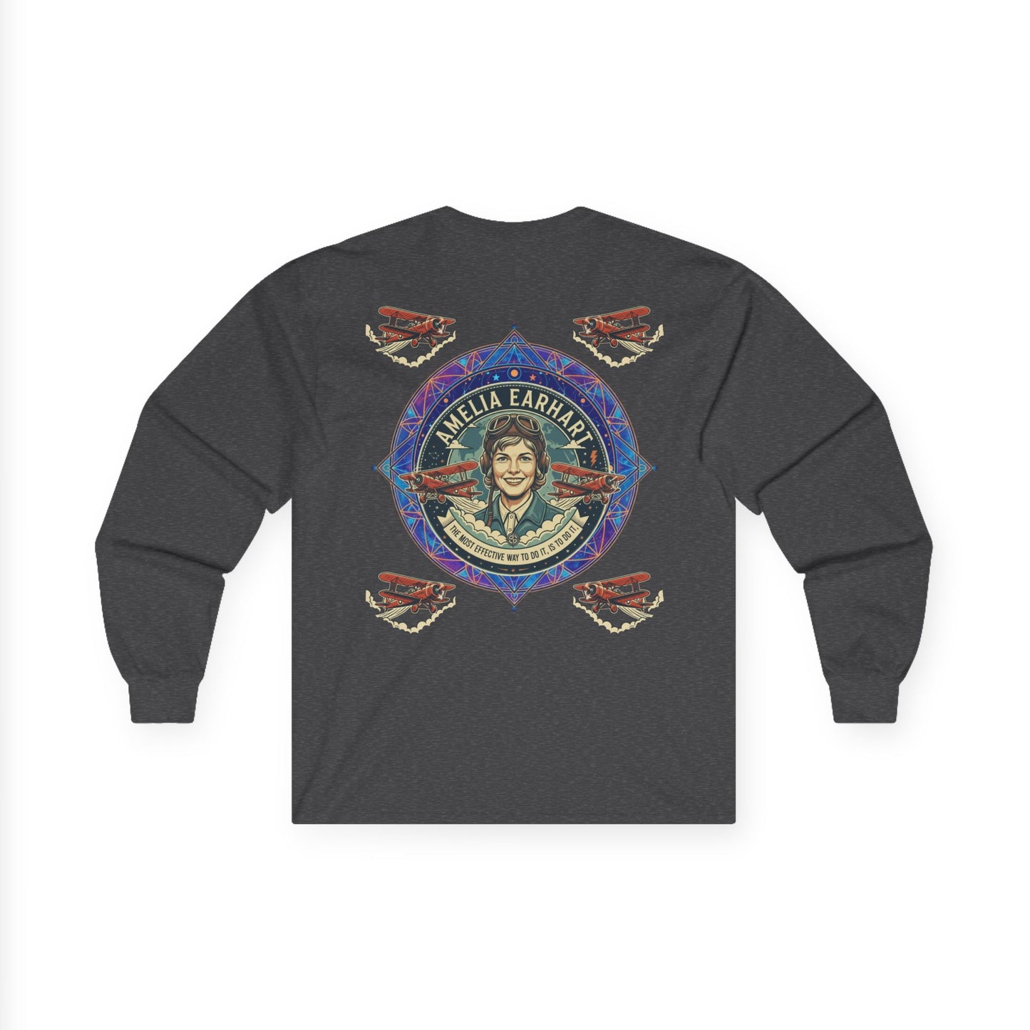 Amelia Earhart Portrait Long Sleeve Tee | Vintage Biplane Aviation Badge
