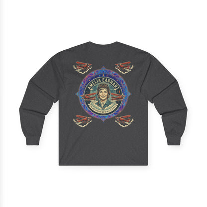 Amelia Earhart Portrait Long Sleeve Tee | Vintage Biplane Aviation Badge