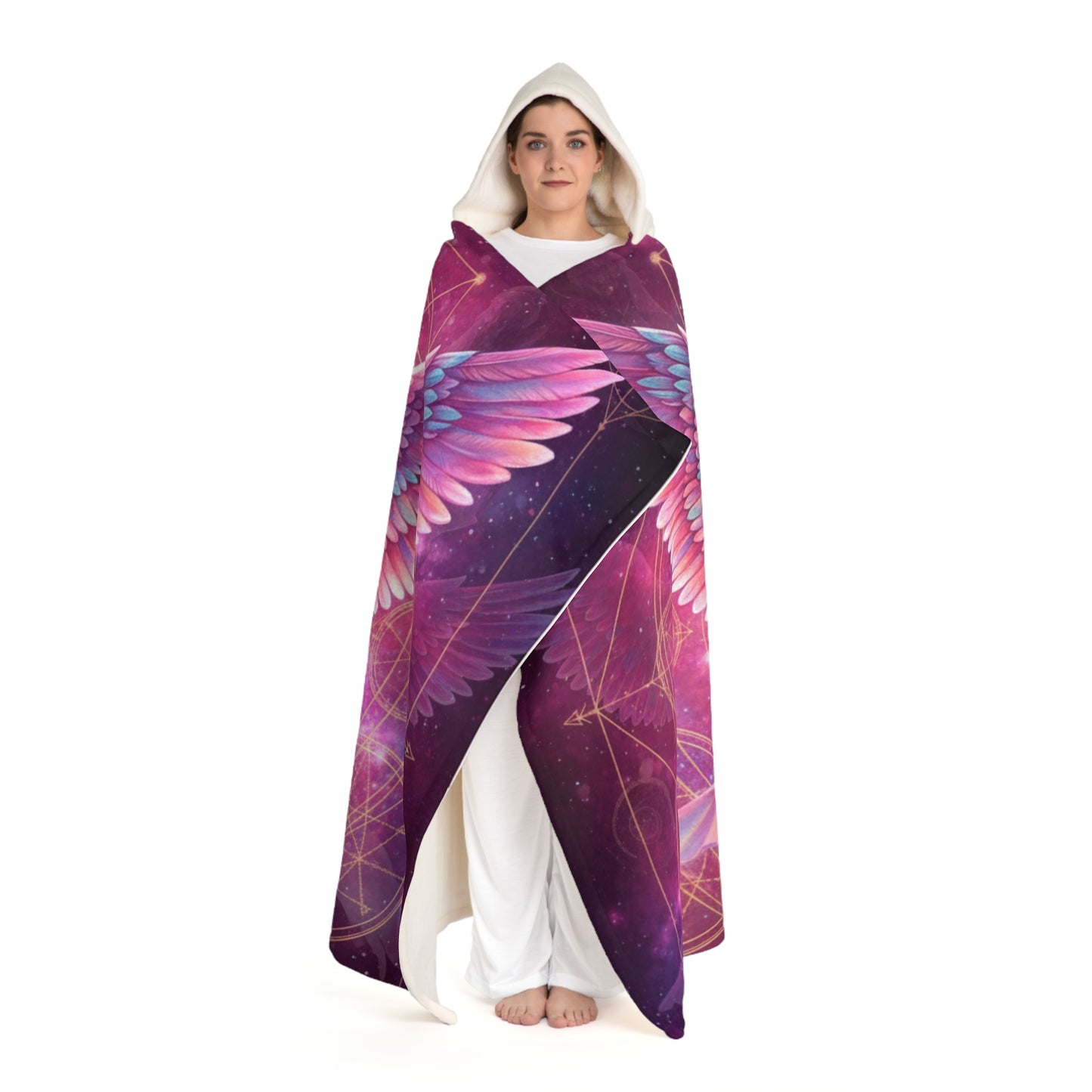 Pink Cosmic Angel Hooded Sherpa Blanket | Sacred Geometry Flower of Life Throw | Realistic Celestial Goddess Fleece Cloak | Spiritual Gift