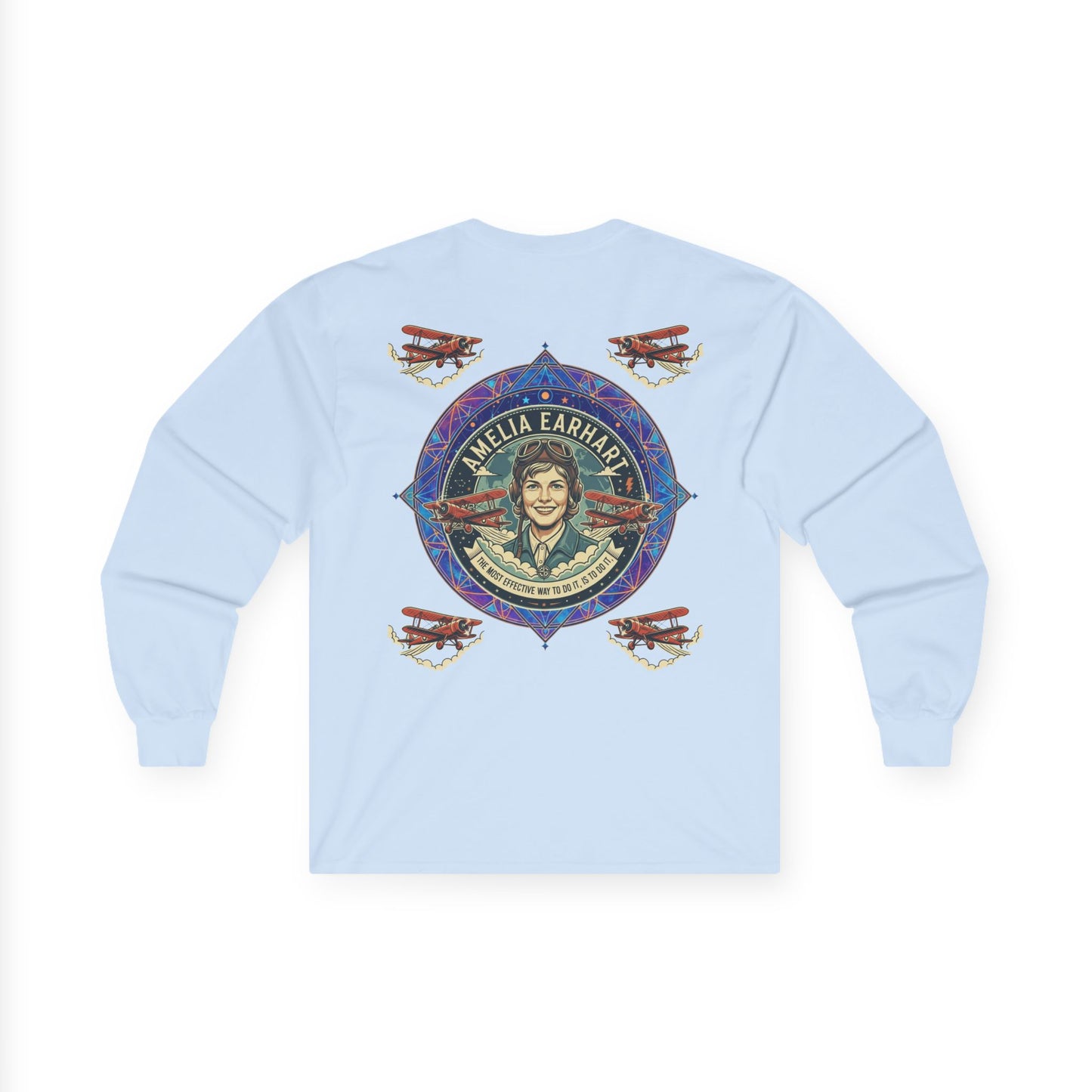 Amelia Earhart Portrait Long Sleeve Tee | Vintage Biplane Aviation Badge