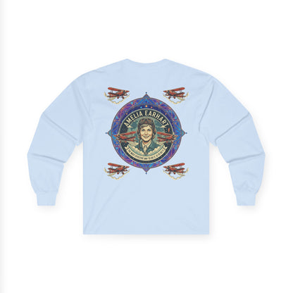 Amelia Earhart Portrait Long Sleeve Tee | Vintage Biplane Aviation Badge