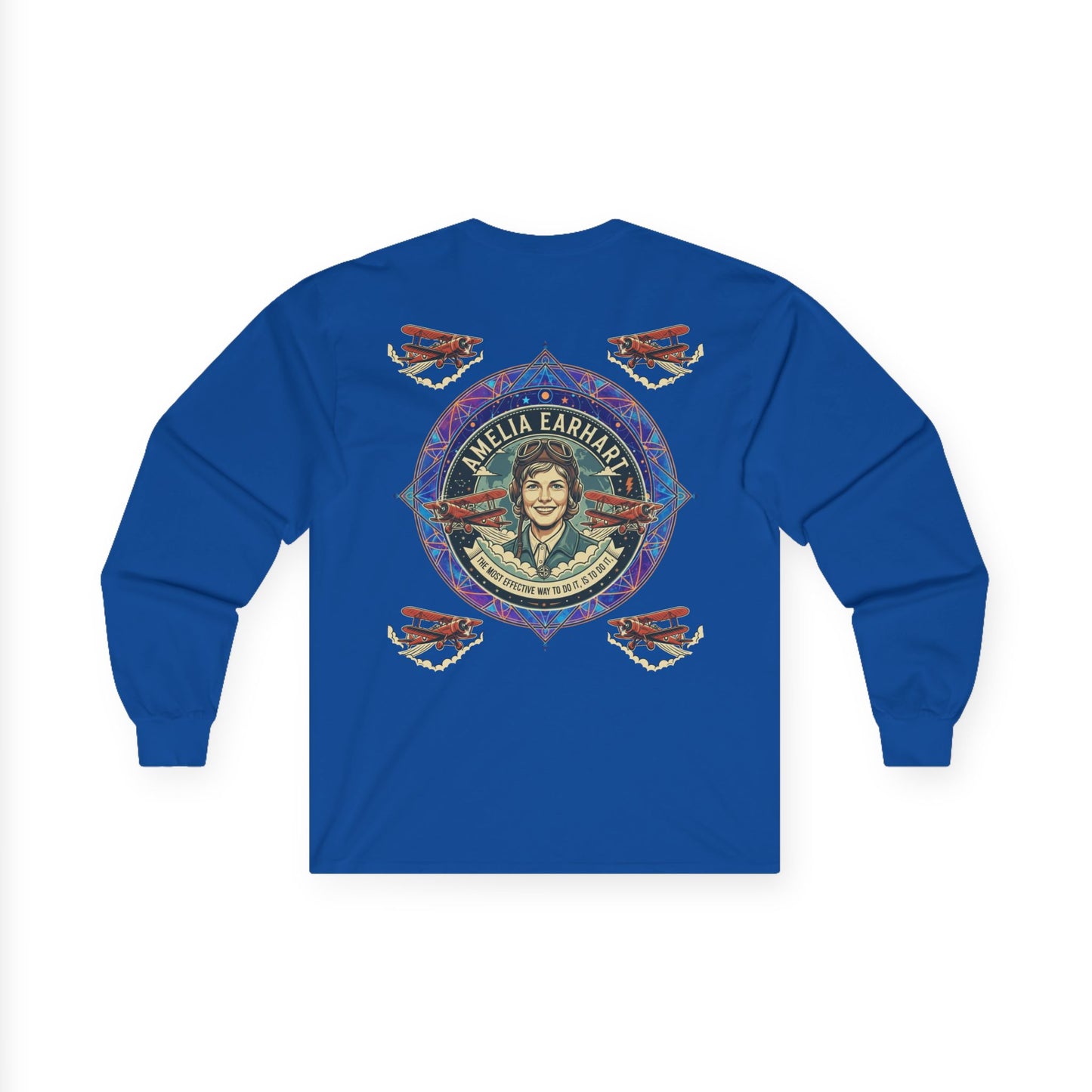 Amelia Earhart Portrait Long Sleeve Tee | Vintage Biplane Aviation Badge