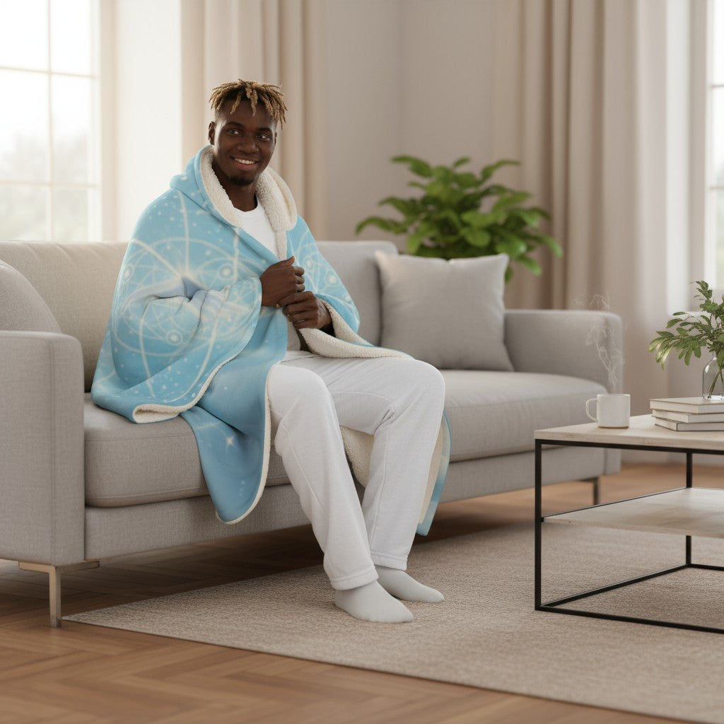 Heavenly Cherubs Hooded Sherpa Blanket | Light Blue Sacred Geometry Wearable Throw | Angelic Cupid Fleece Cloak | Angel Cherub Halo Gift