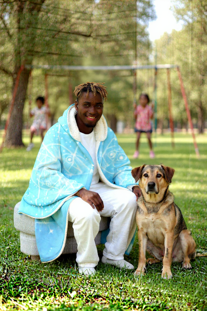 Heavenly Cherubs Hooded Sherpa Blanket | Light Blue Sacred Geometry Wearable Throw | Angelic Cupid Fleece Cloak | Angel Cherub Halo Gift