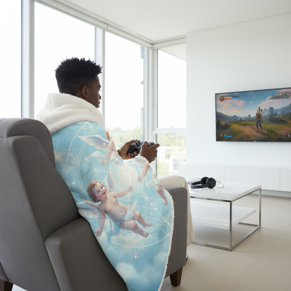 Heavenly Cherubs Hooded Sherpa Blanket | Light Blue Sacred Geometry Wearable Throw | Angelic Cupid Fleece Cloak | Angel Cherub Halo Gift